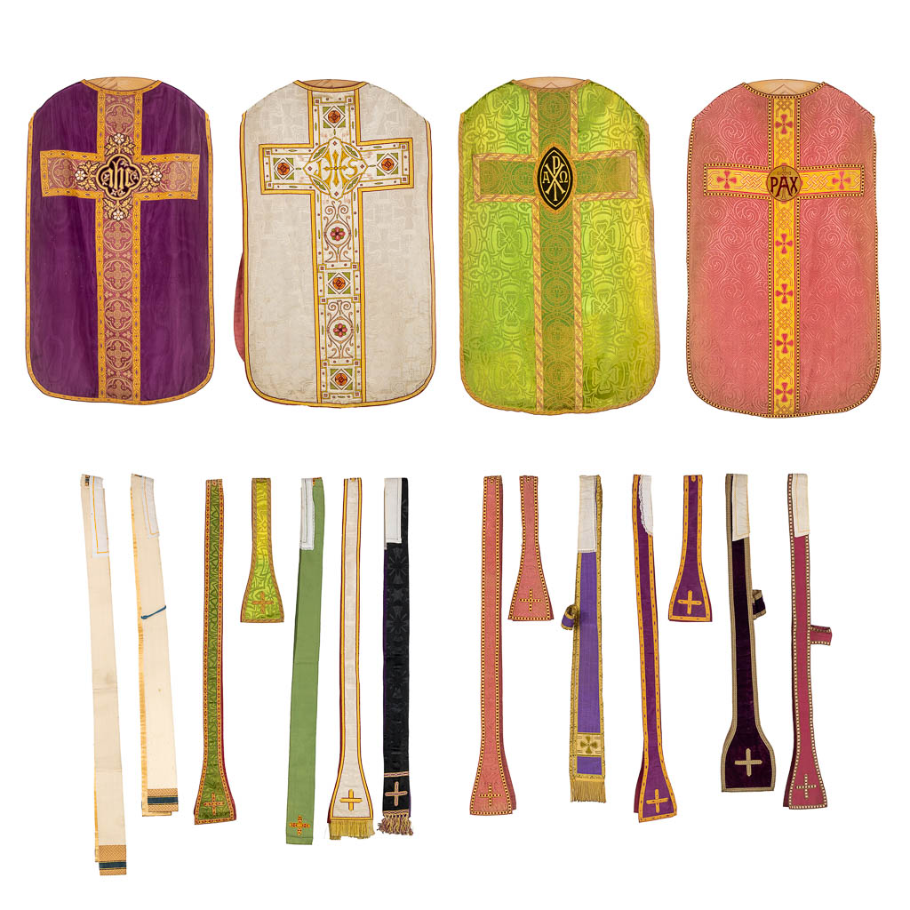 Four Roman Chasubles and matching Stola, embroideries. 