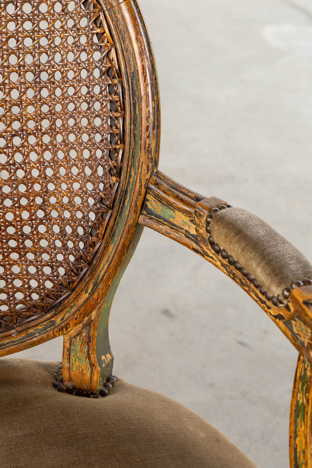 A pair of antique patinated chairs, Louis XVI style. (L:58 x W:57 x H:83 cm)