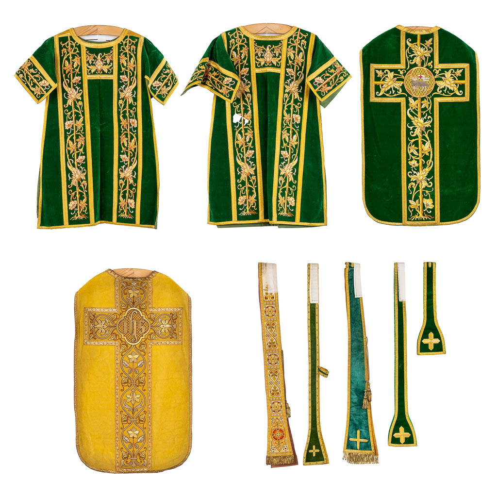 A set of Dalmatics and a Roman Chasuble, added a Chasuble and stola, maniple. Embroideries. Made around 1910.  Church use.