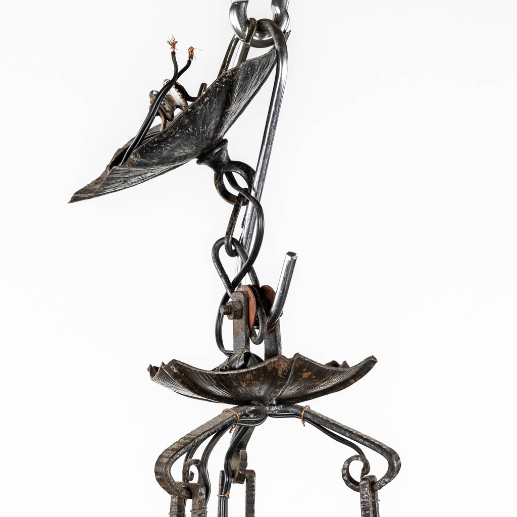 Muller Frères Luneville, a pâte-de-verre chandelier, glass and wrought iron. (H:78 x D:45 cm)