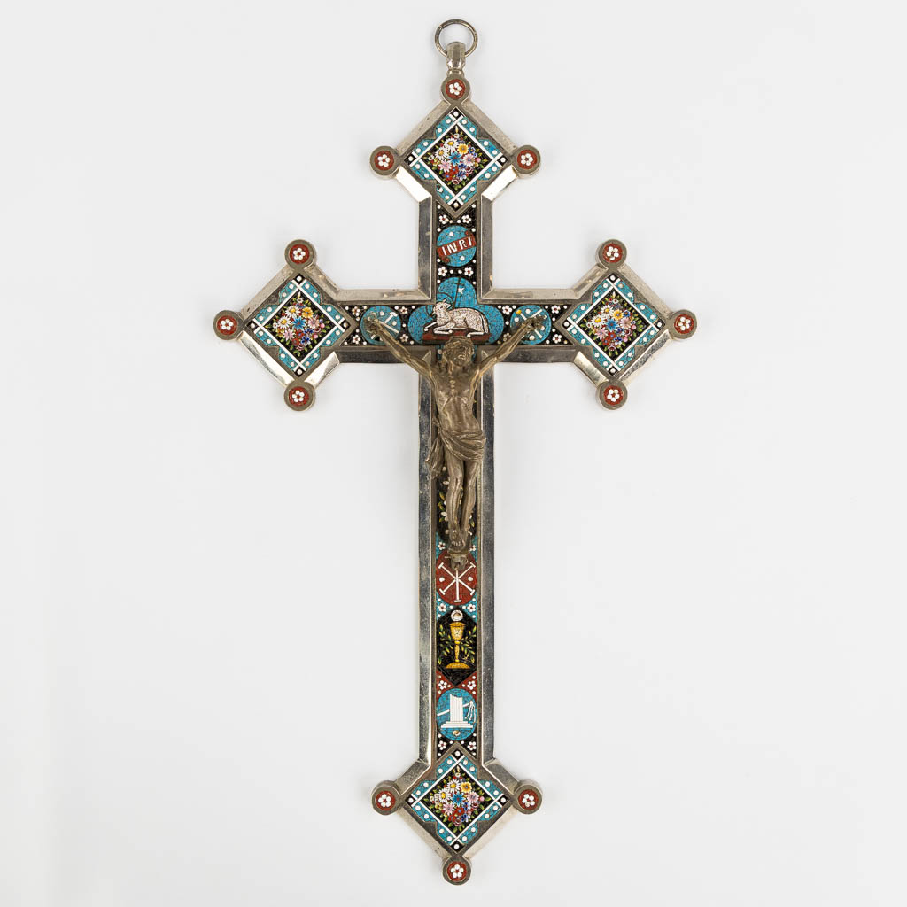 A large crucifix and Corpus Christi, richly finished with Mirco-Mosaic. Circa 1900. (W:28 x H:50 cm)