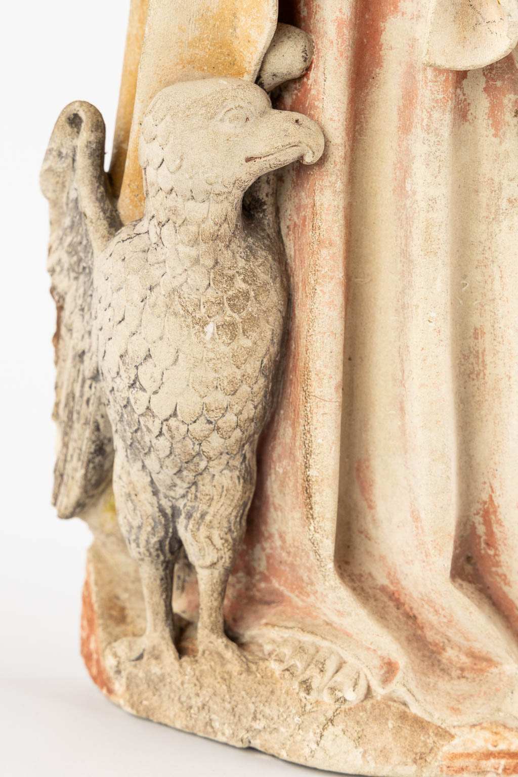 A figurine of Evangelist John, sculptured sandstone. Gothic Revival. (W:23 x H:63 cm)