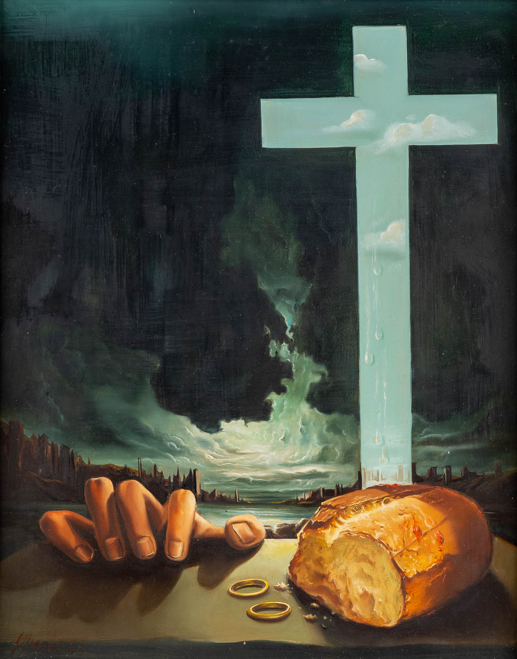 Christian SILVAIN (1950) 'Weddingrings, Crucifix and Bread'. (W:24 x H:30 cm)