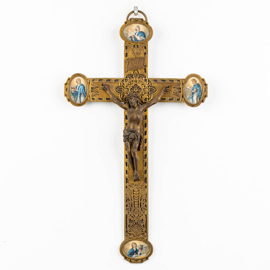 A crucifix, finely chiselled brass with 4 miniature paintings of 'The Four Evanglists'. 