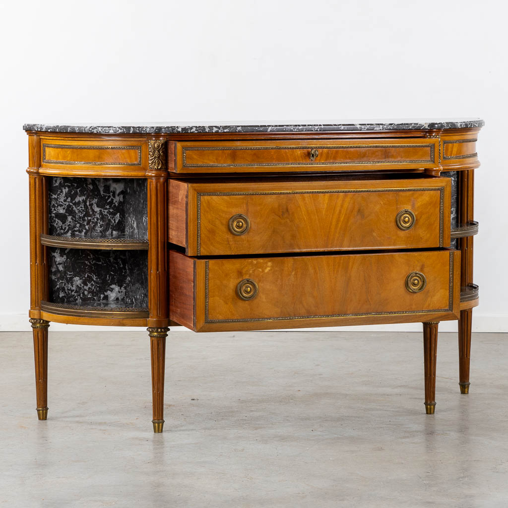 A console table with three drawers, marble top. Louis XVI style. (L:43 x W:154 x H:92 cm)