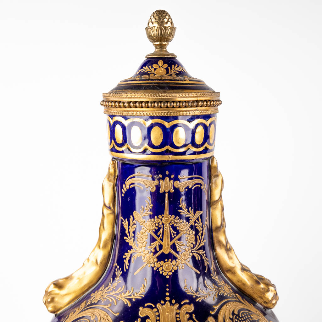 A pair of hand-painted and cobalt blue vases, J. Tiélès, Paris, France. (H:67 x D:20 cm)