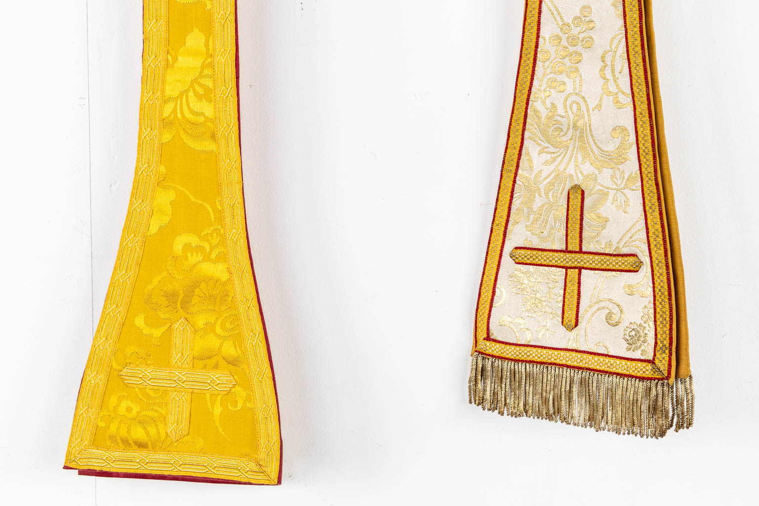 A pair of Dalmatics and three Roman Chasubles, Thick Gold Thread and embroideries.