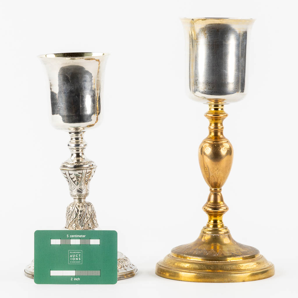 Two chalices with a silver cuppa, on a silver-plated and copper base.