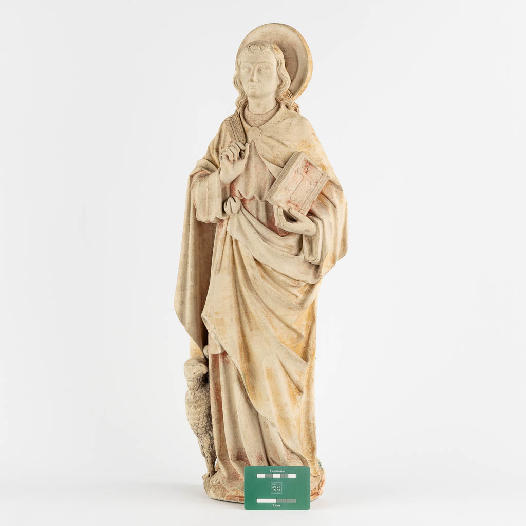 A figurine of Evangelist John, sculptured sandstone. Gothic Revival. (W:23 x H:63 cm)