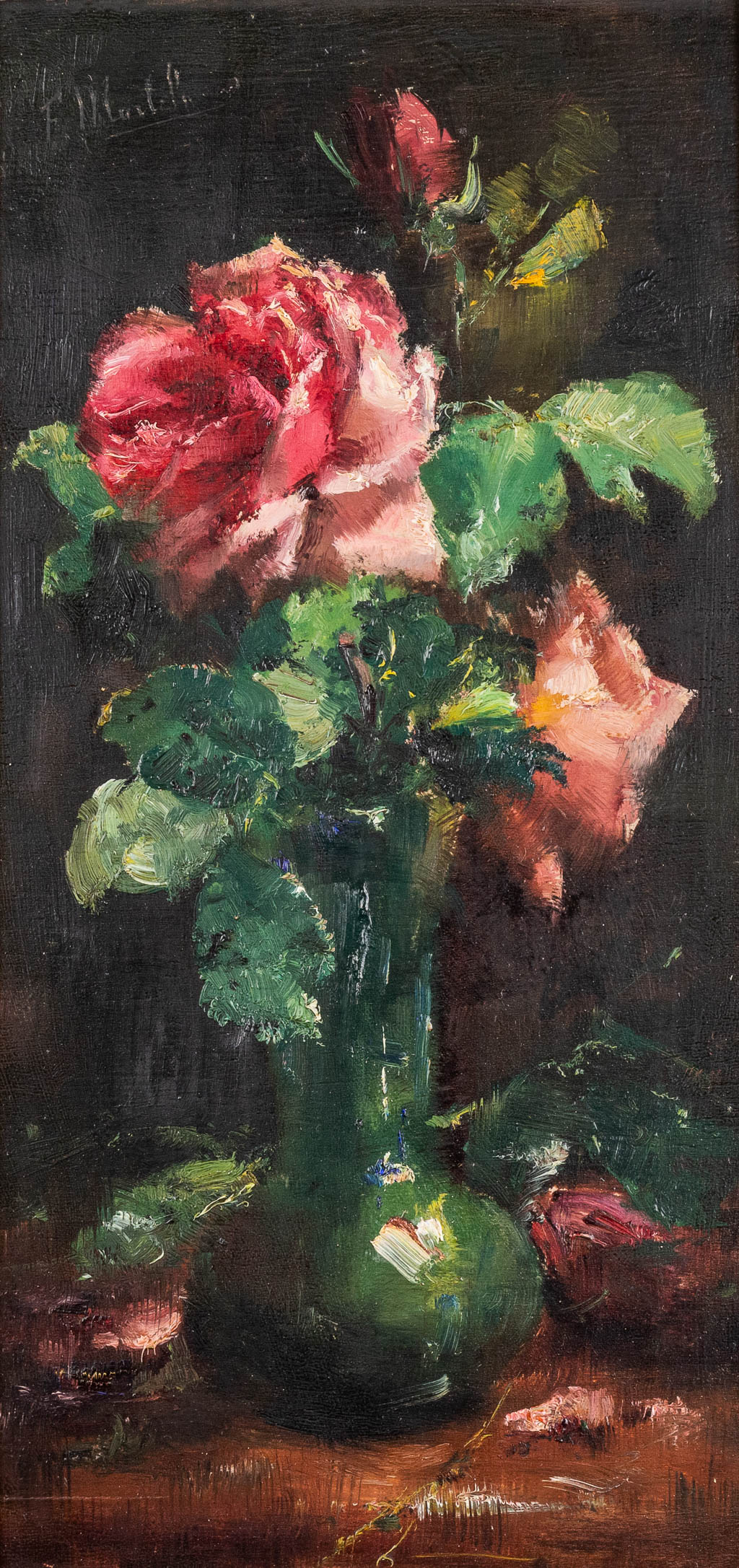 Frans MORTELMANS (1865-1936) 'Bloemen' olie op doek. (W:20 x H:41 cm)