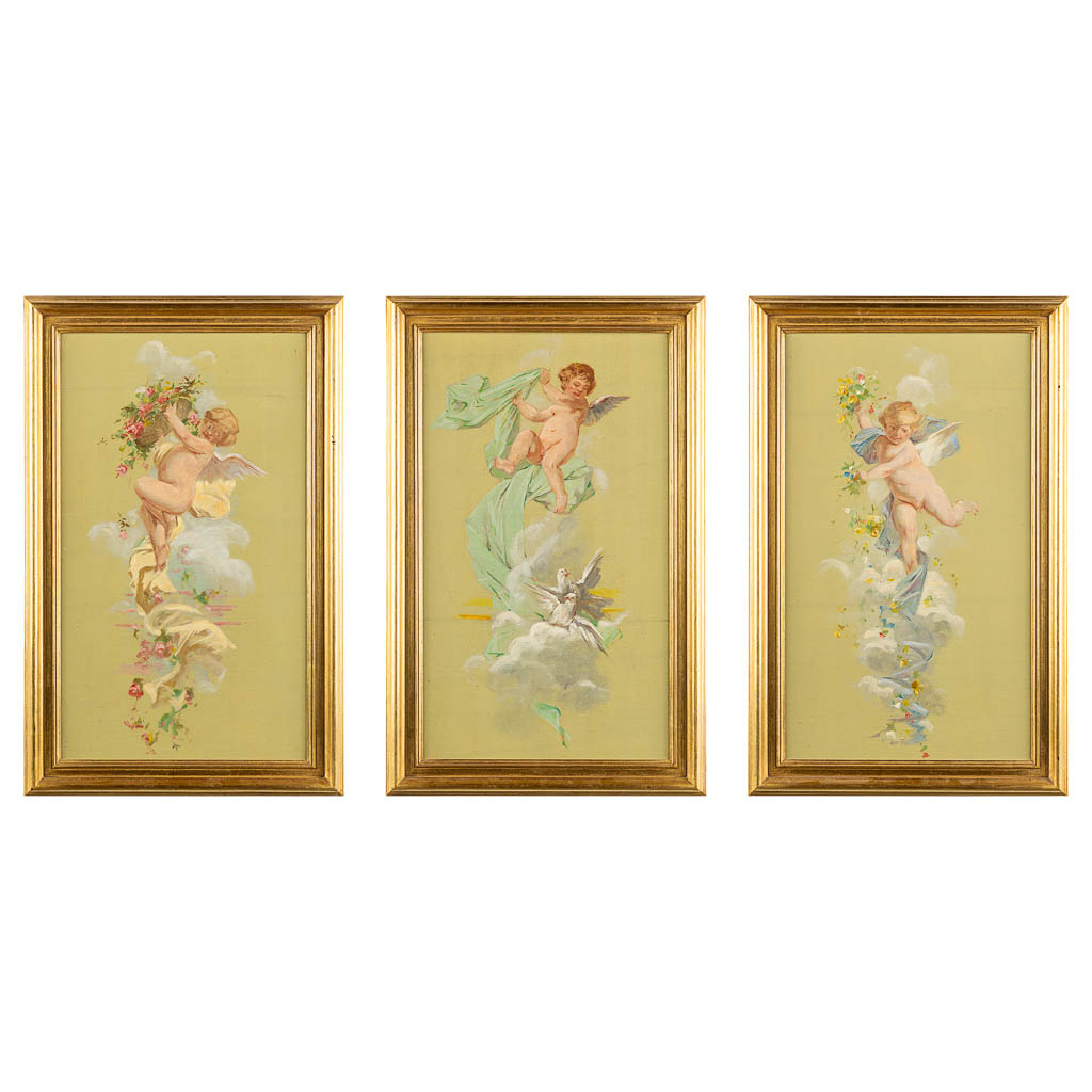 Drie decoratieve schilderijen met putti, olie op doek. 19de eeuw. (W:39 x H:52 cm)