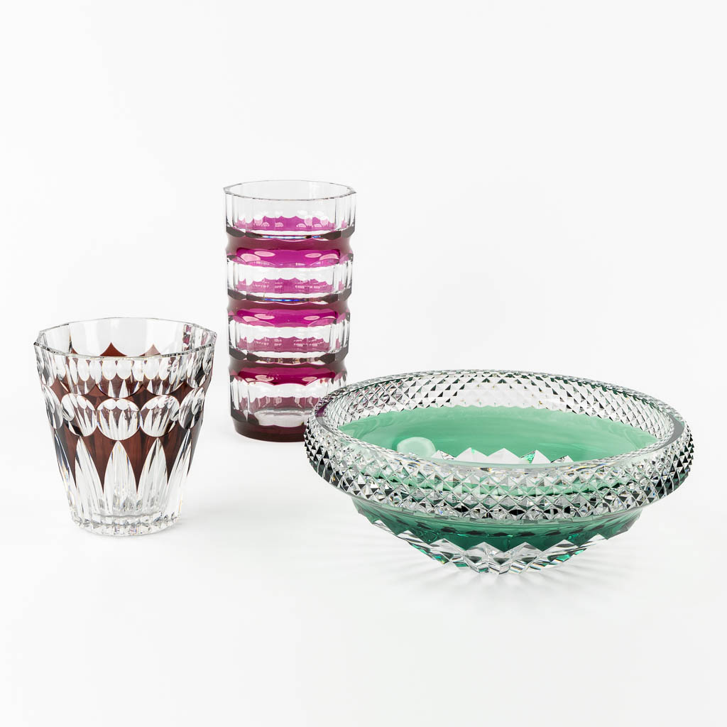 Val Saint Lambert, two vases and a bowl. Cut and coloured crystal.