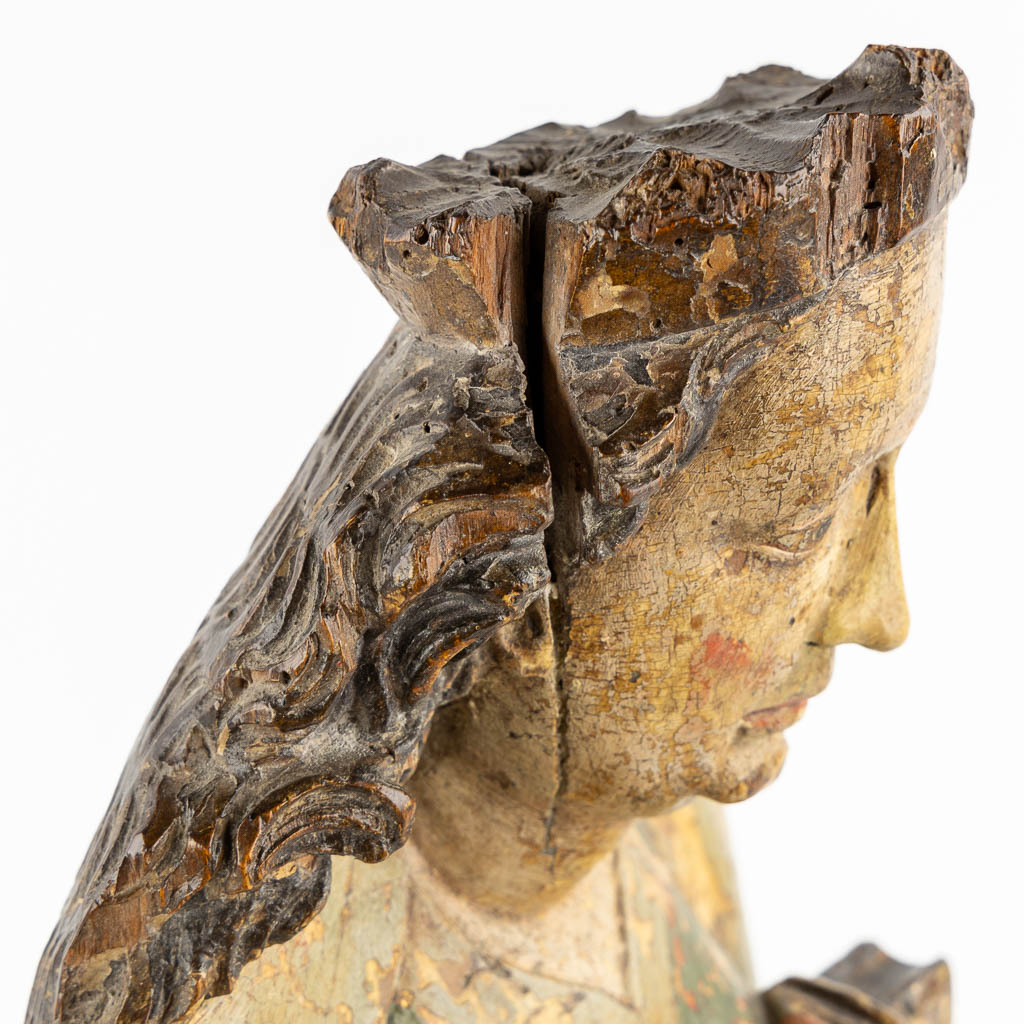 Saint Ursula, princess of Bretagne, a wood sculpture, Rhineland, Late 14th C. (L:13 x W:17 x H:58 cm)