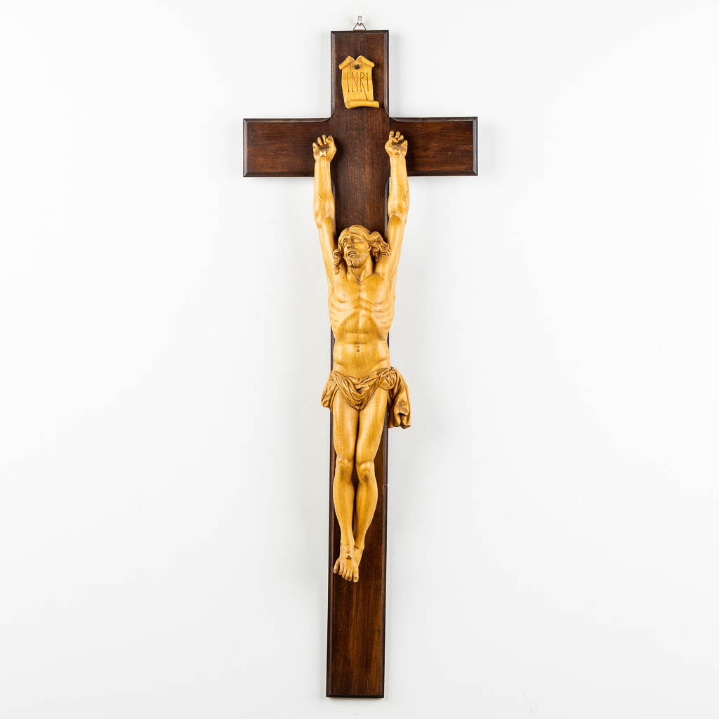 A wood sculptured 'Corpus Christi' Jansenist Crucifix. (W:40 x H:115 cm)