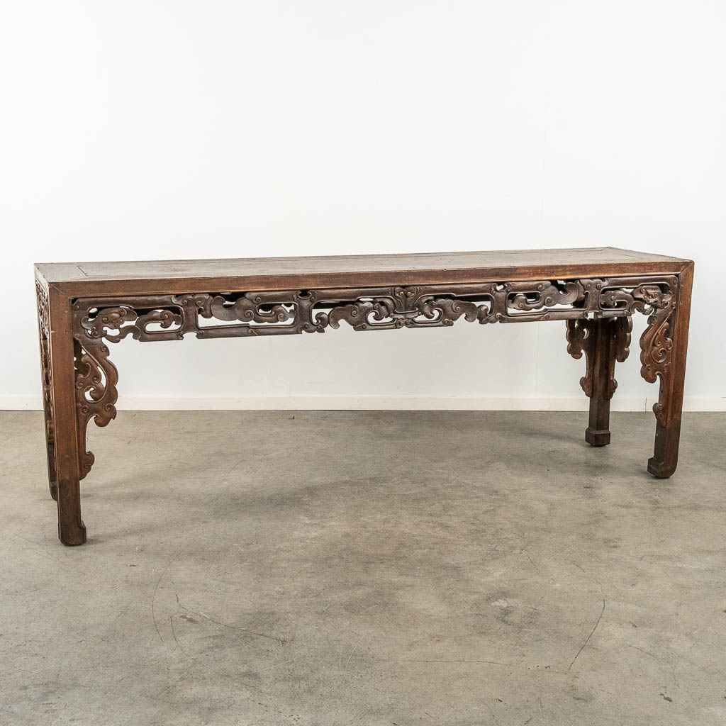 A large Chinese hardwood Altar or Console table, sculptured hardwood. 