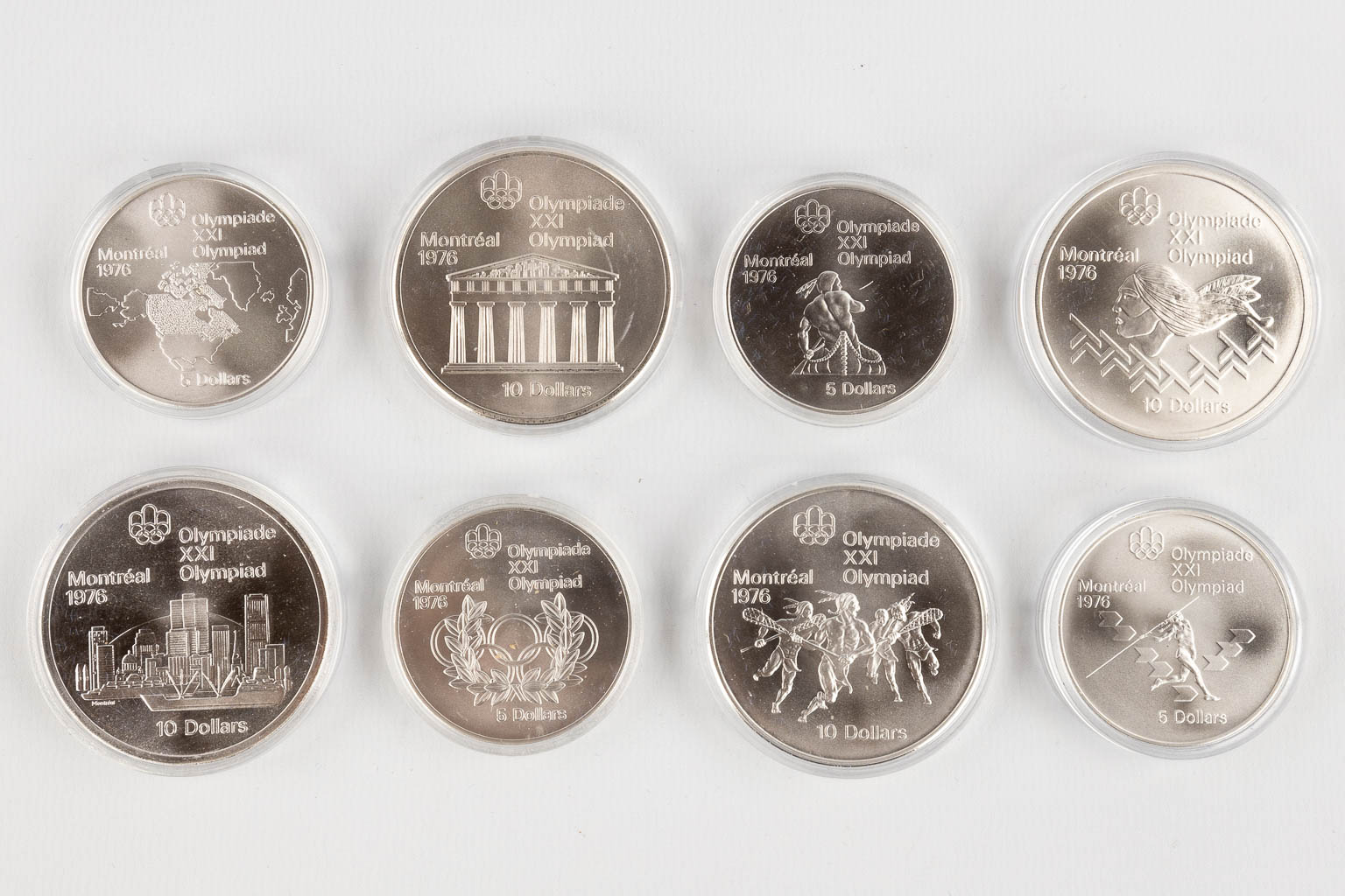 Canadian Olympic Silver Coins 1976, for the Olympic games in Montreal. (D:22,5 x W:40 x H:5 cm)