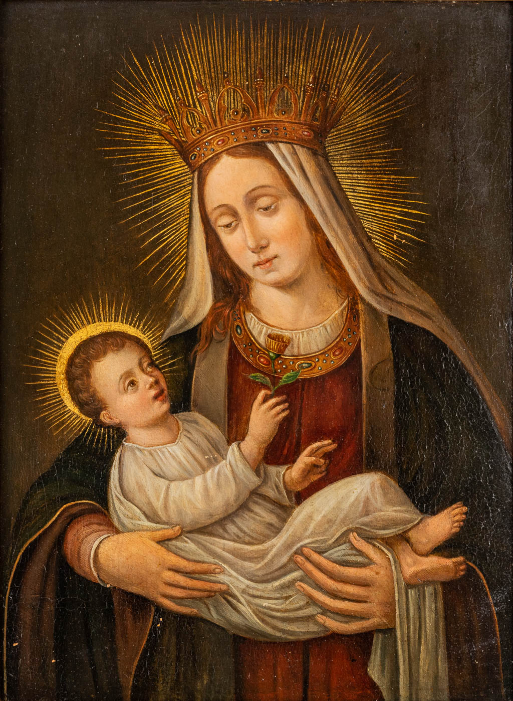 'Virgin Mary with child', an antique painting, oil on panel. 16th/17th C. (W: 27 x H: 36,3 cm)