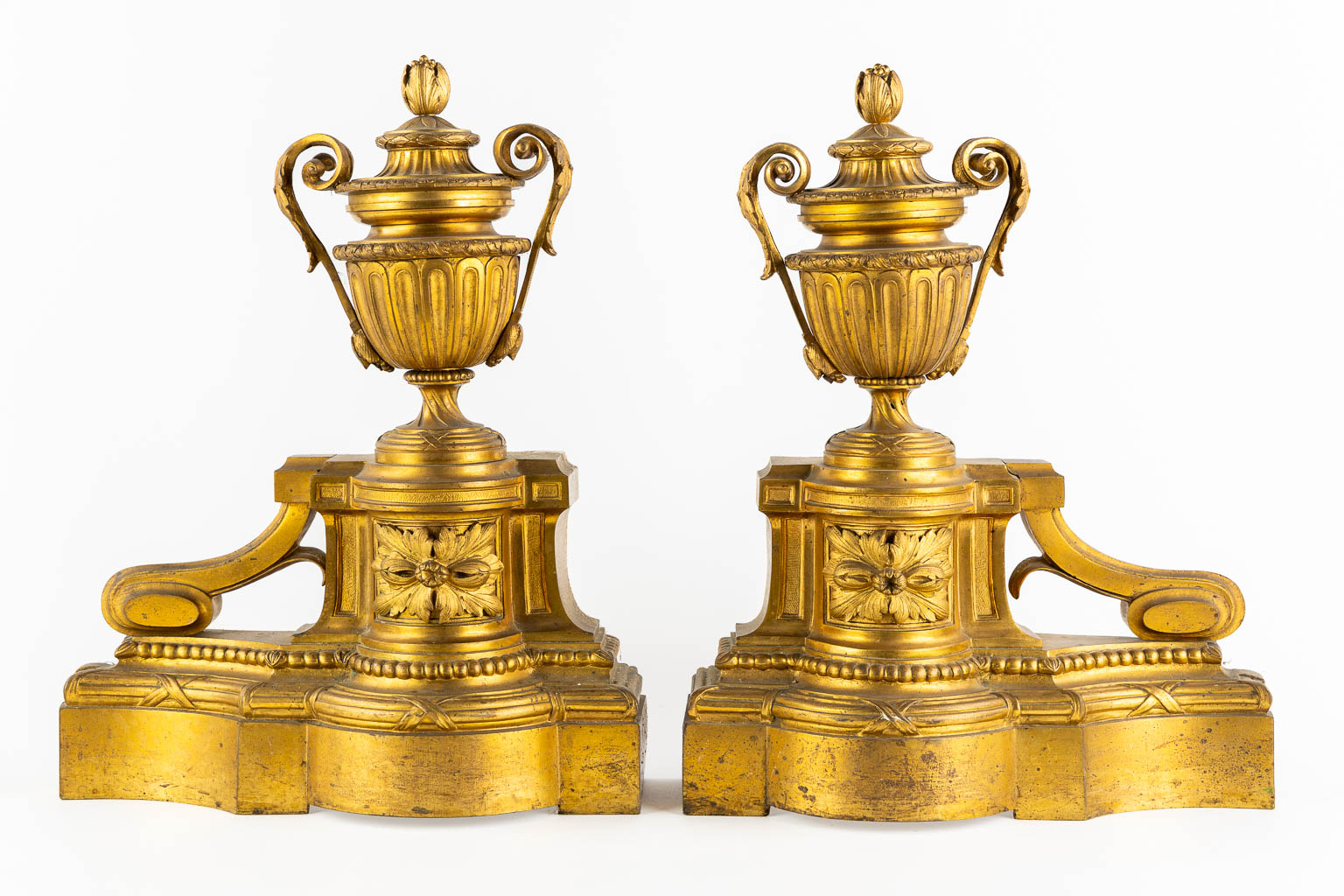 A fine pair of gilt bronze fireplace bucks, Louis XVI style. 19th C.