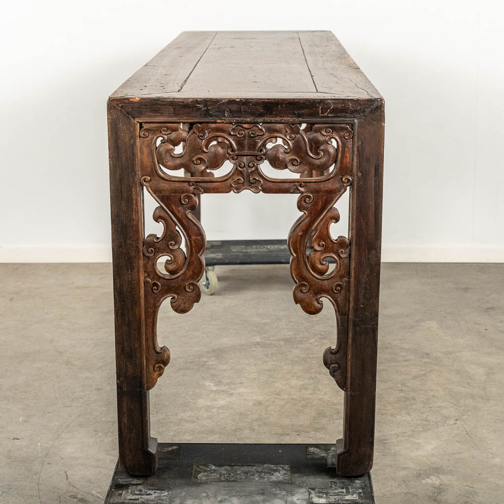 A large Chinese hardwood Altar or Console table, sculptured hardwood. 