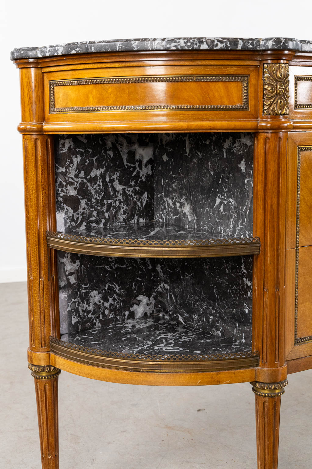 A console table with three drawers, marble top. Louis XVI style. (L:43 x W:154 x H:92 cm)