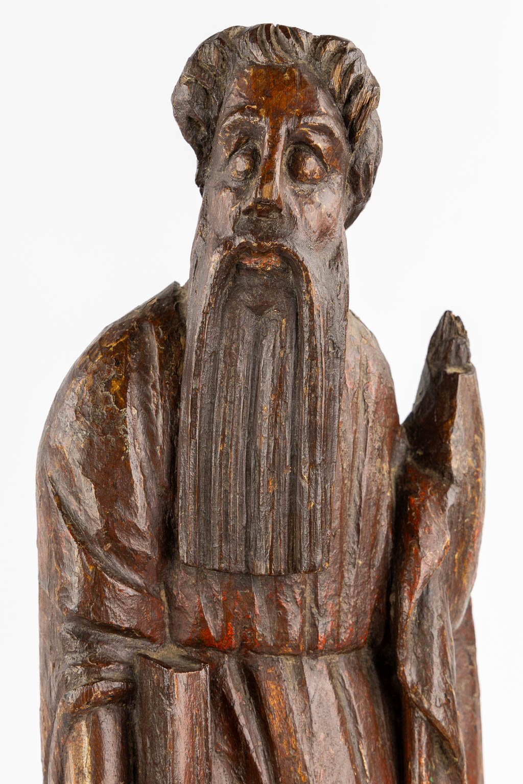 An antique wood sculpture of a Prophet, Sculpture du val de boi, Catalonia. 12th C. (L:9 x W:20 x H:57 cm)