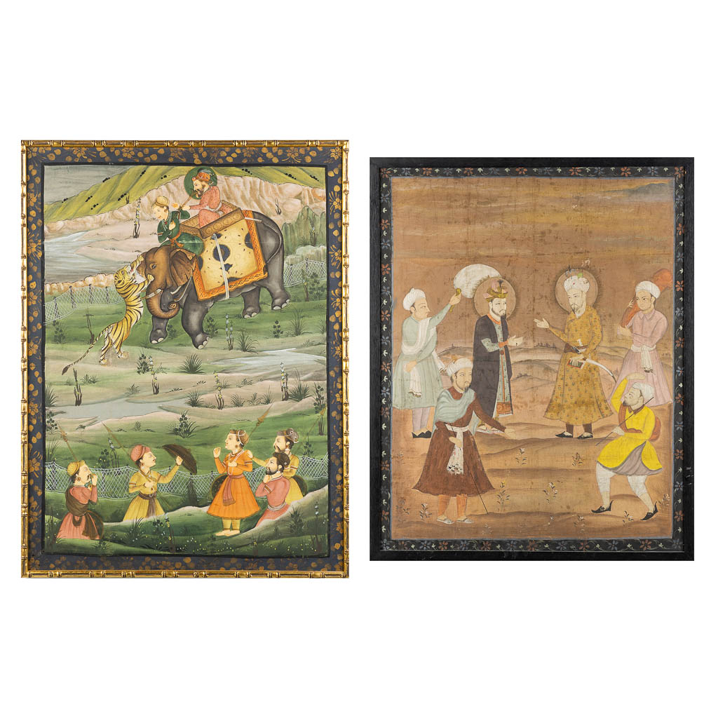 Twee decoratieve Oosterse schilderijen, India en Mughal, Mixed media op doek, 18de/19de eeuw. (W:85 x H:114 cm)