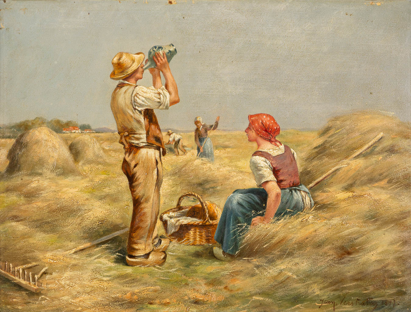 Jean VERSTRATEN (XIX) 'Resting during the harvest' 1897. (W:40 x H:31 cm)