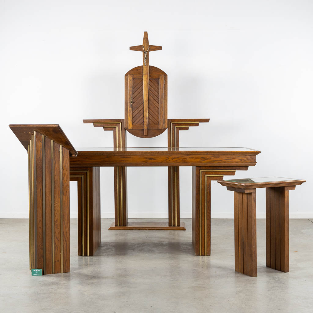 A modernist interior for a Chapel, Altar, Tabernacle, Lectern and table. Circa 1960. (L:45 x W:149 x H:230 cm)