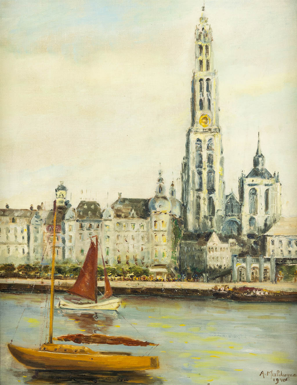 Agnie MALDAGUE (1927) 'Zicht op Antwerpen' olie op doek. 1940. (W:55 x H:70 cm)