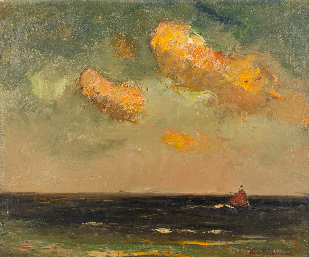 Door BOEREWAARD (1893-1972) 'Marine bij ondergaande zon'