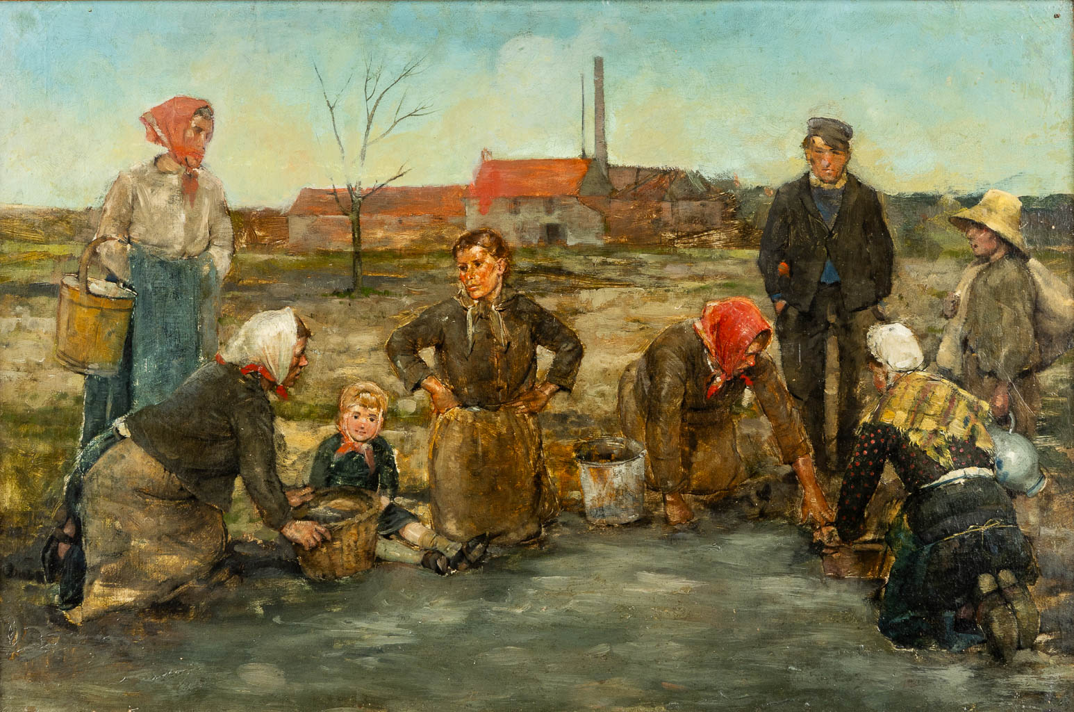 A decorative painting 'De Harvesting Family' oil on canvas. (W:75 x H:50 cm)