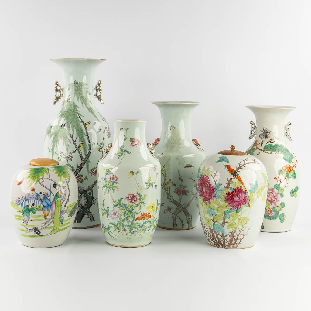 Six Chinese vases, Famille Rose. 