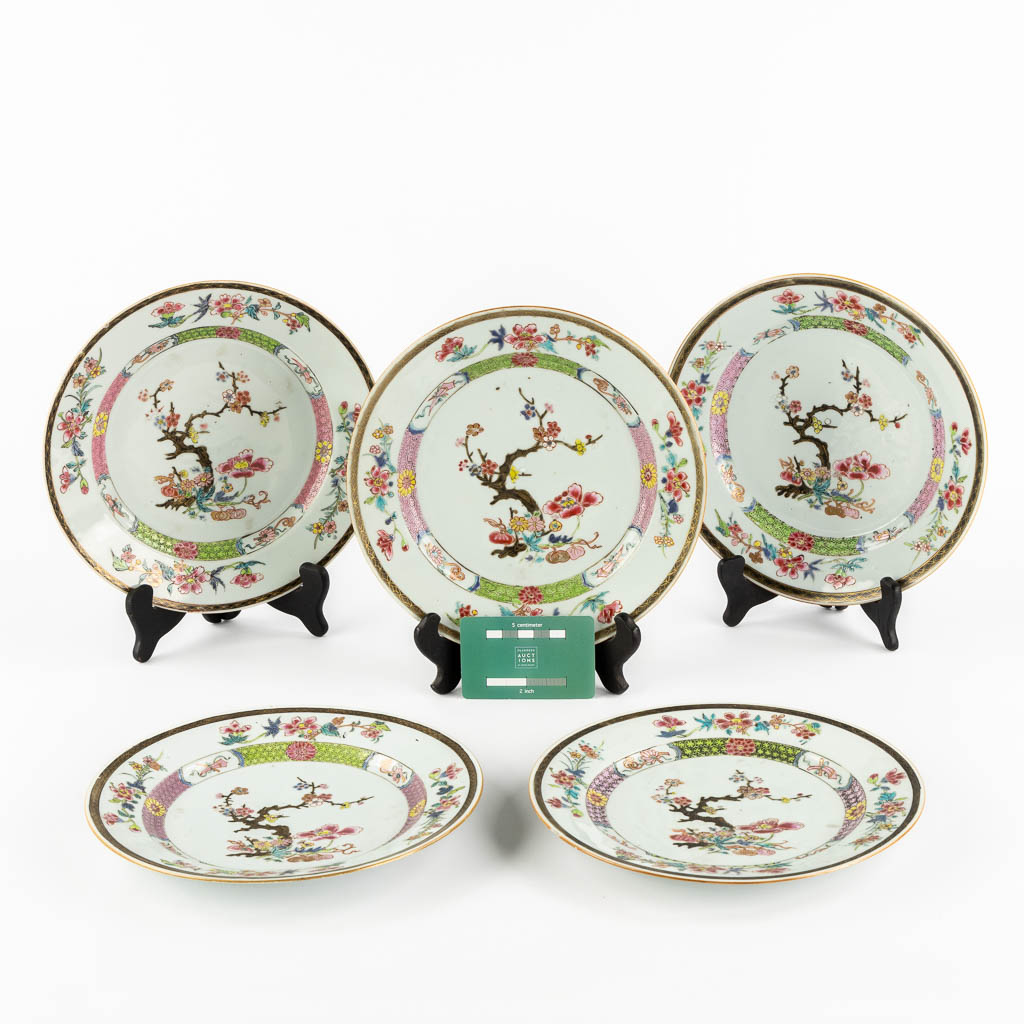 Five Chinese Famille Rose plates with blossoms and flowers. (D:23 cm)