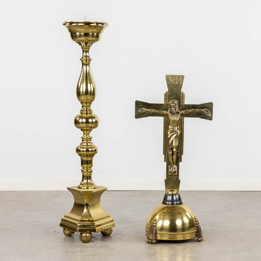 A large Altar crucifix and large church candlestick, polished bronze. (H:110 cm)