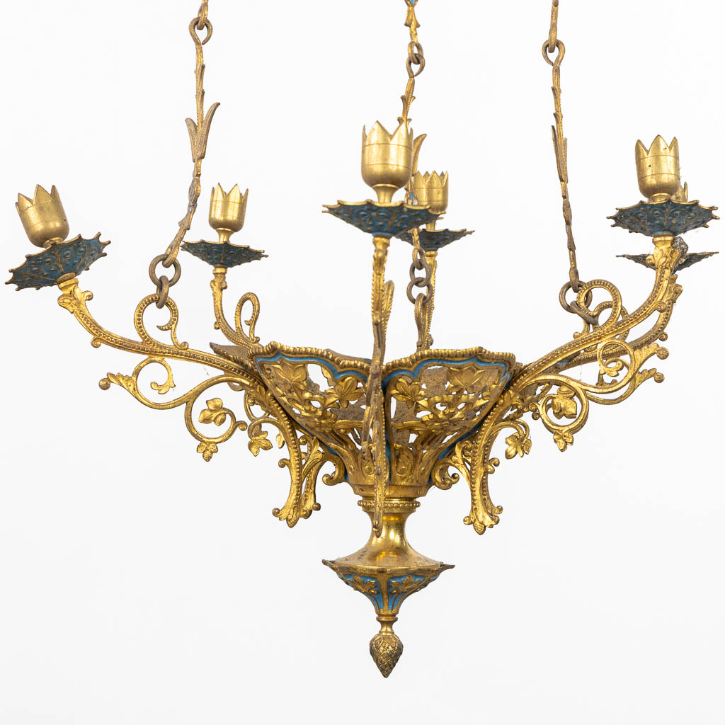 A pair of candle chandeliers, brass with enamel, Gothic Revival. (H:103 x D:42 cm)