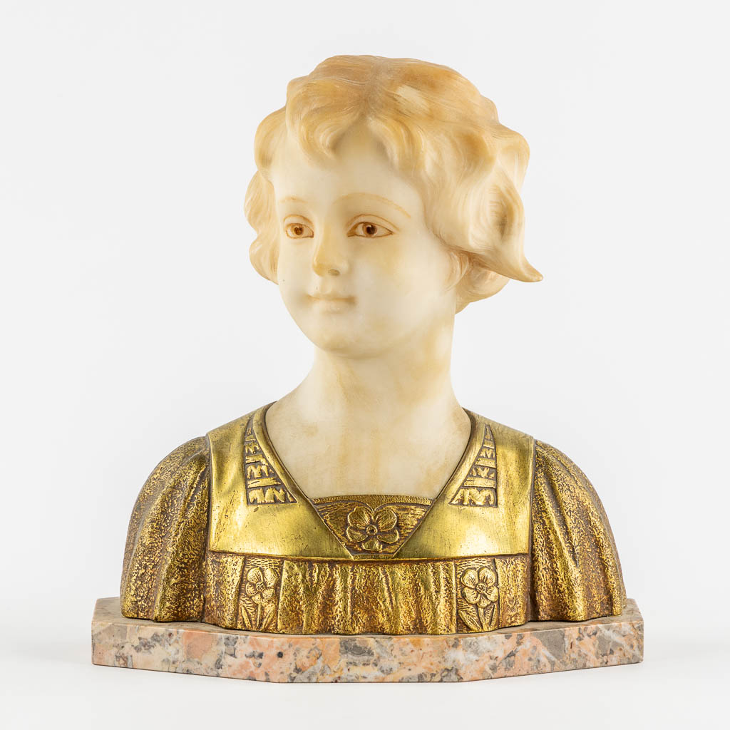 Bust of a Young Lady, gilt bronze and sculptured alabaster. Signed Cecchelli. (L:12 x W:26 x H:28 cm)