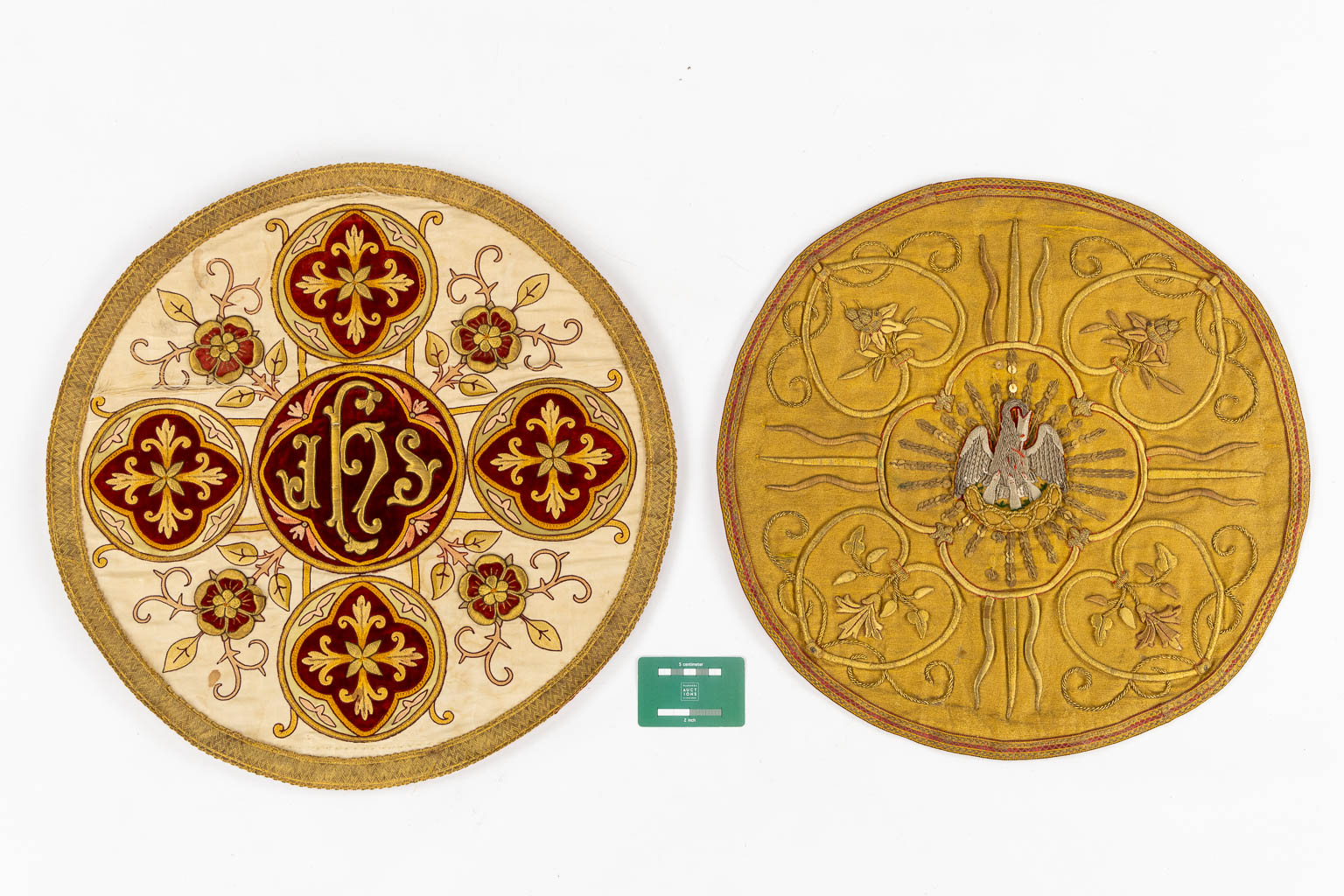 Two round religious embroideries with Thick Gold and Silver Thread. (D:50 cm). Made around 1900.  Church use.