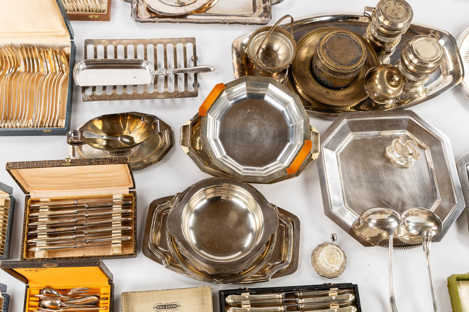 A large collection of table accessories and serving ware, silver plated metal. 