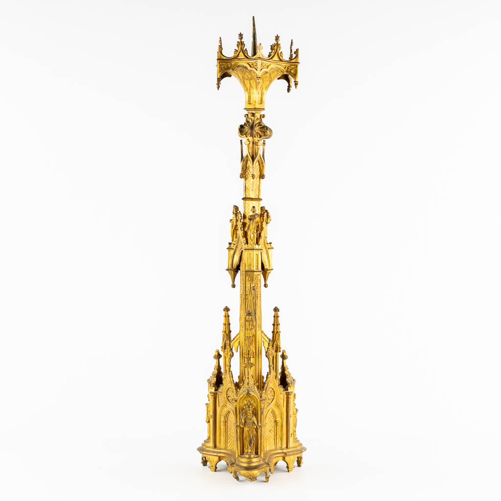 An antique church candelabra, gilt bronze, Gothic Revival. (H:93 cm)