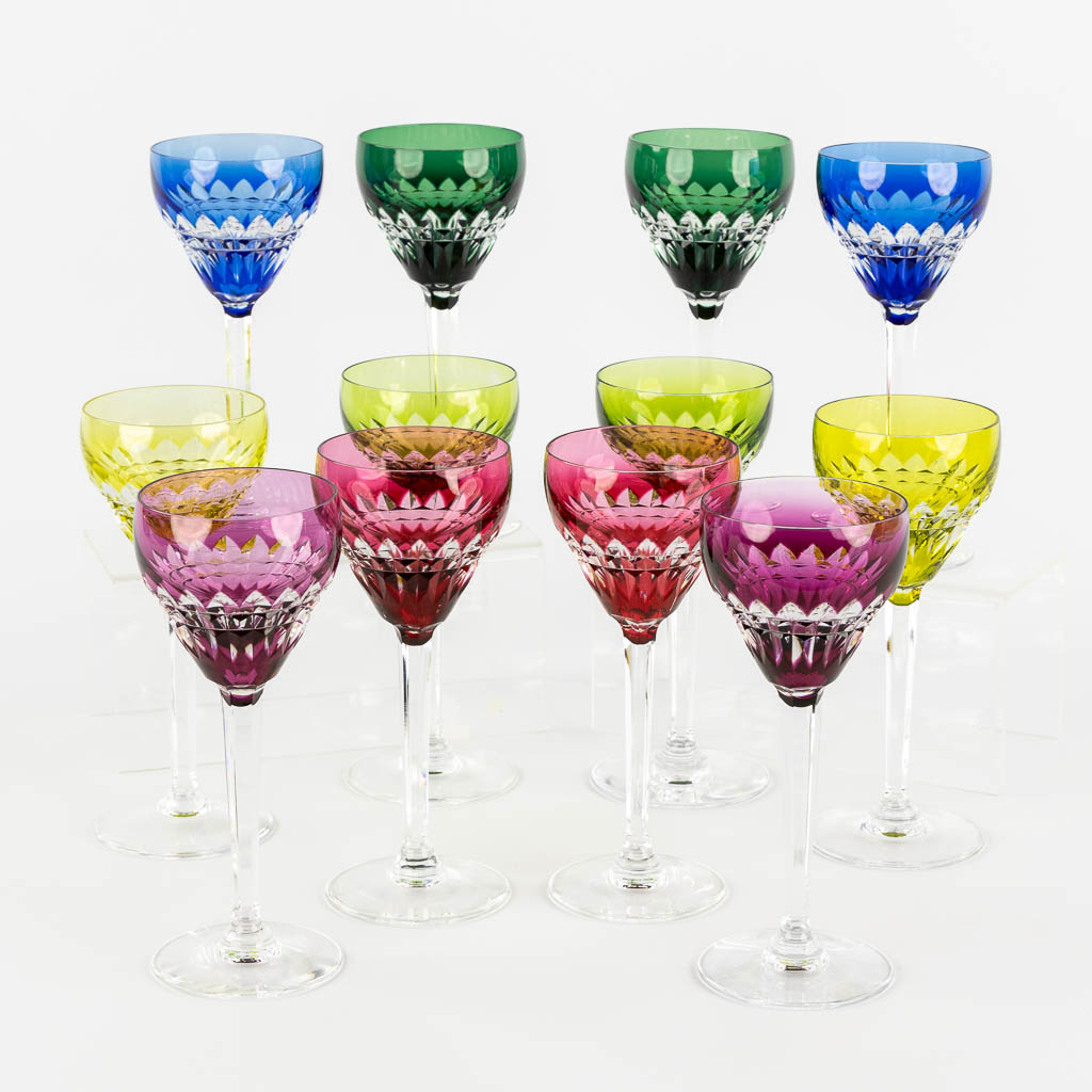  Val Saint Lambert, 'Mery Esneux', 12 coloured and cut crystal goblets.