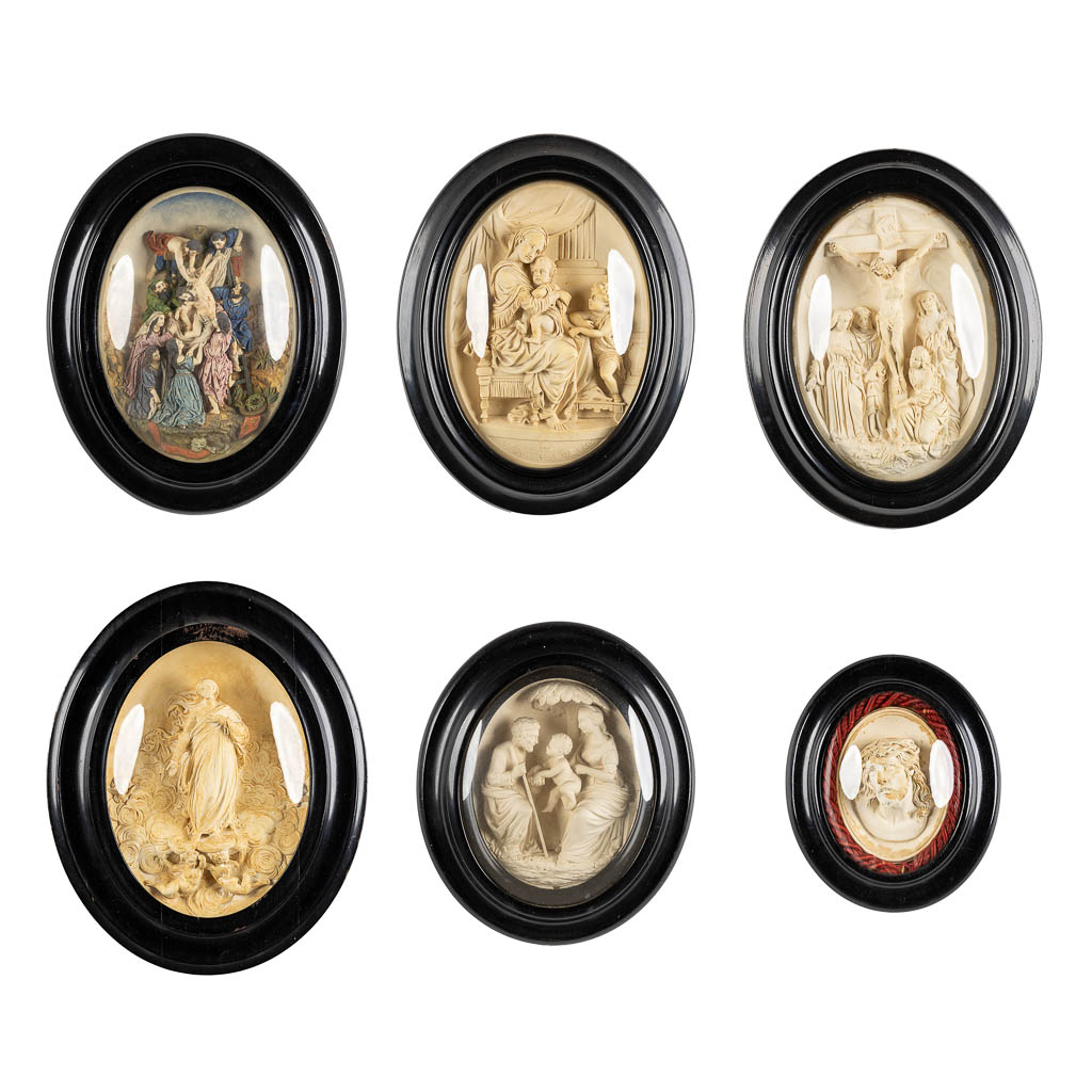 A collection of 6 oval frames with religious scènes, Meerschaum or Pipe clay. (W:31 x H:40 cm)