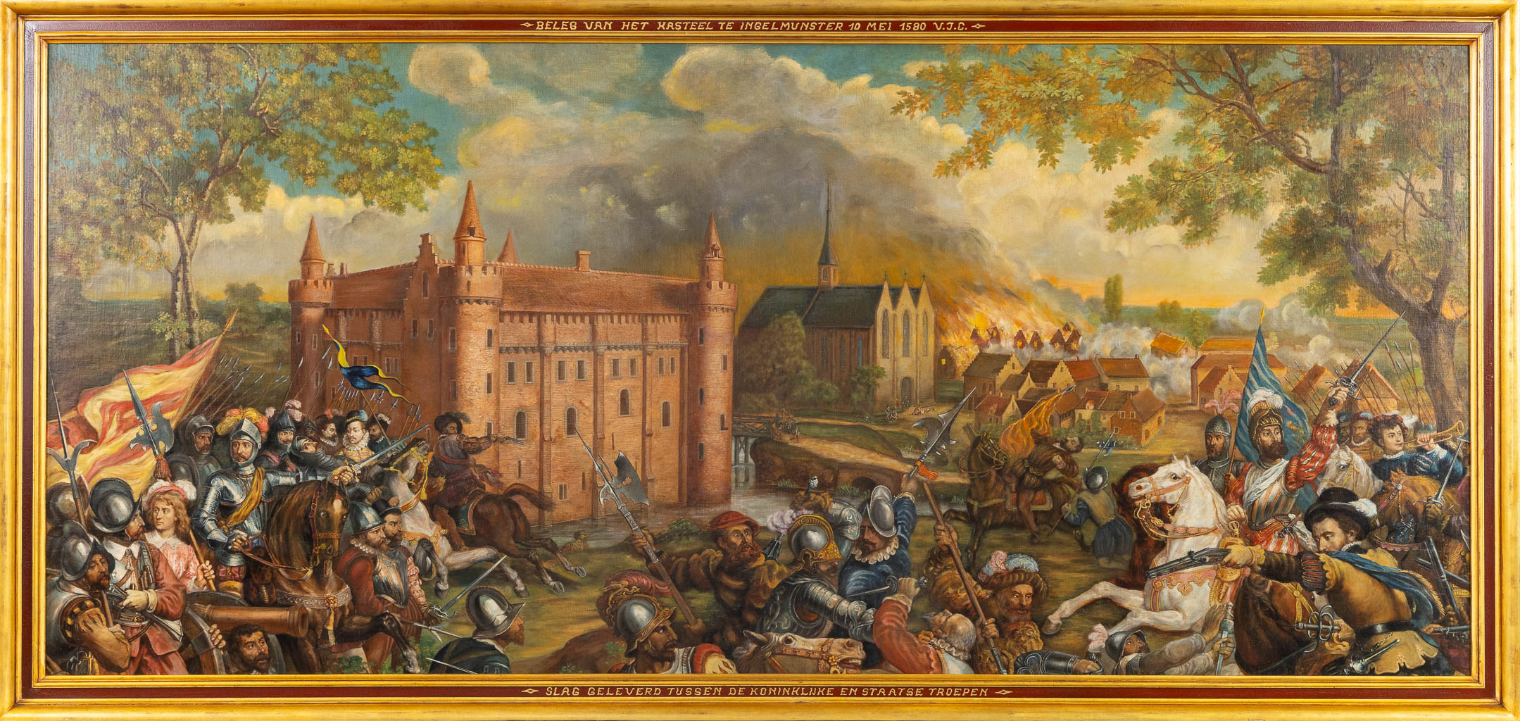 A painting of Historical subject, 'The Battle of Ingelmunster, May 10th, 1580', oil on canvas. 19th C.