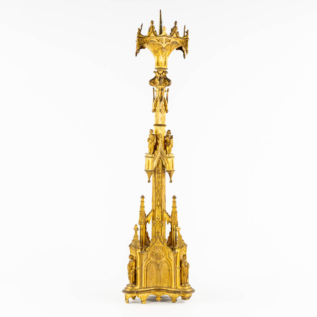 An antique church candelabra, gilt bronze, Gothic Revival. (H:93 cm)