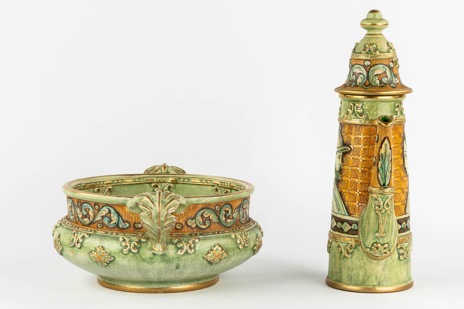 Gialetti Giulio, Five pieces of polychrome faience. Deruta, Italy. 