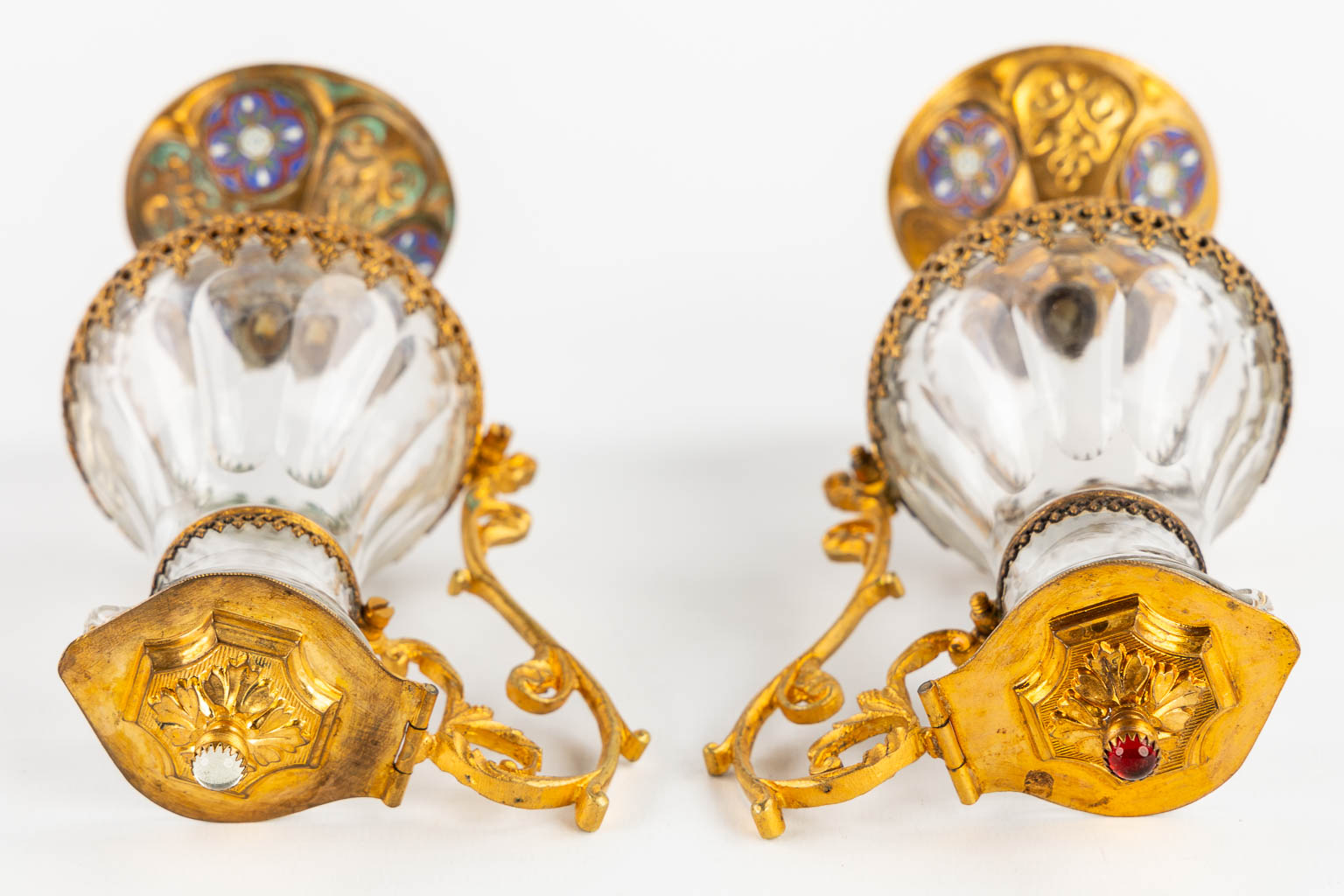 A pair of wine and water cruets, gold-plated metal and enamel. Gothic Revival. 