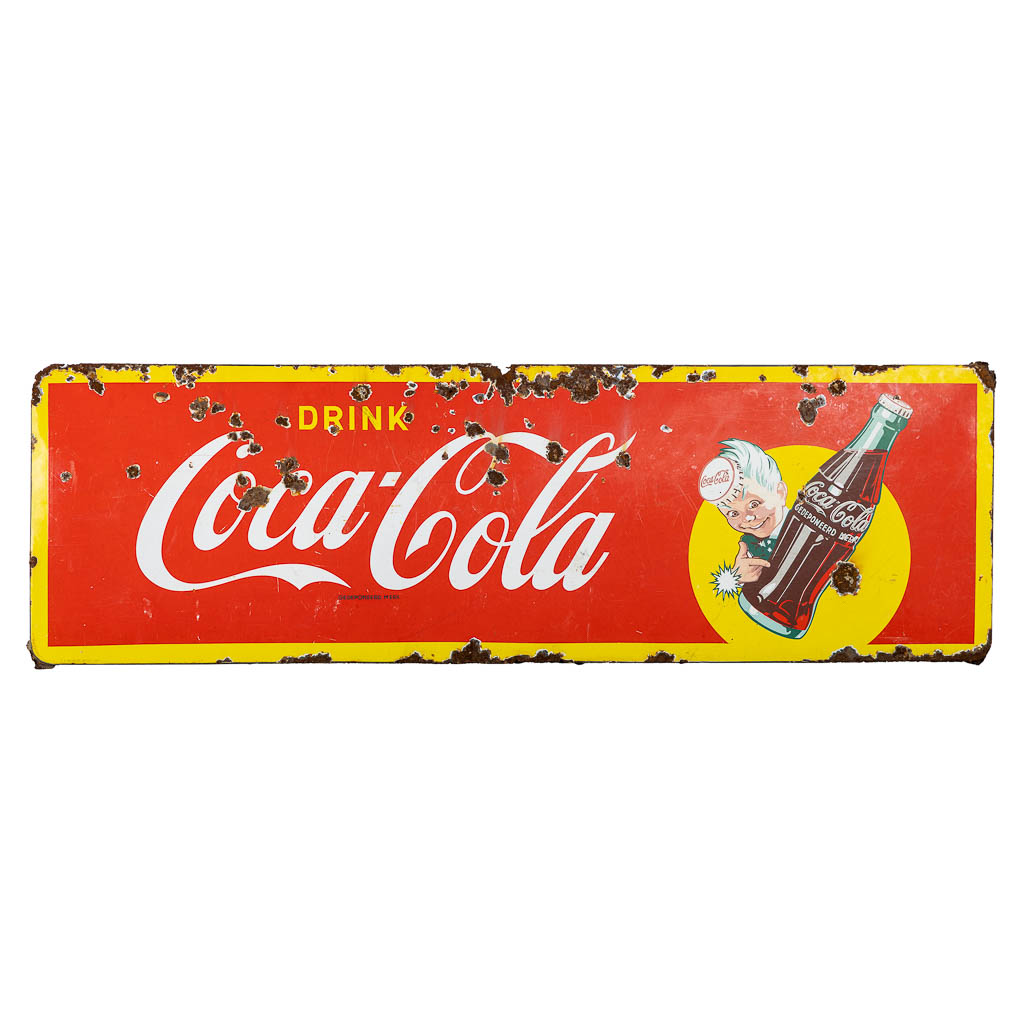 "Drink Coca Cola", a large enamel advertising board, 1957. (W:145 x H:46 cm)