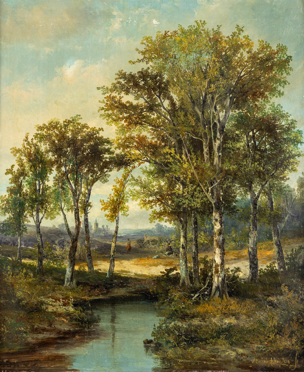 Hermanus RIJKELIJKSHUIJSEN (1813-1883) 'Rivier en bomen'. (W:57 x H:69 cm)