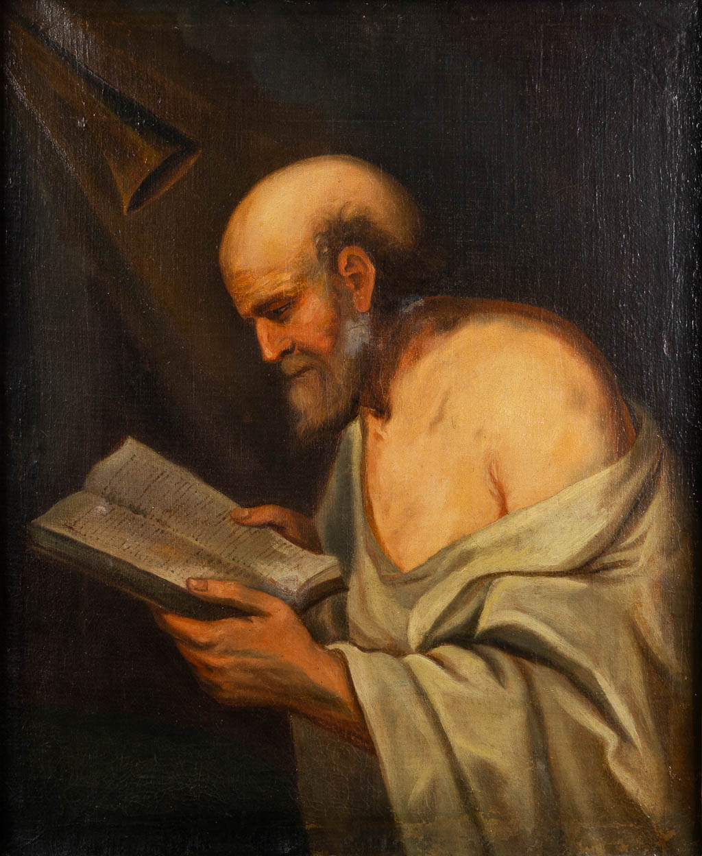 An antique painting 'Reading Saint Hieronymus', oil on canvas. 18th C. (W:71 x H:86 cm)