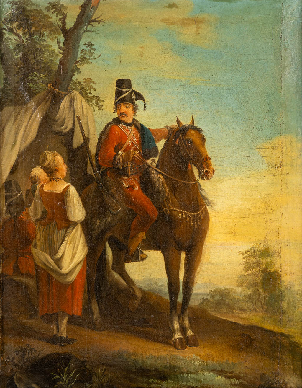 A highly decorative painting, 'Soldier on a horse', oil on canvas. (W:65 x H:83 cm)