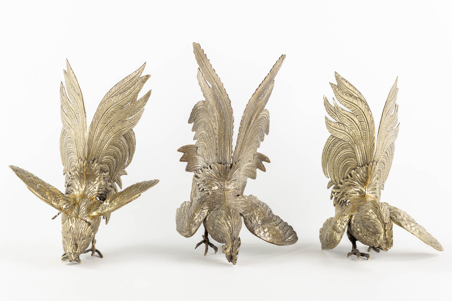 Six Pheasants and Roosters, silver-plated metal. (L:17 x W:26 x H:21 cm)